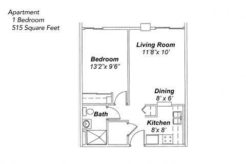 Floor plan for 1 bed, 1 bath, 515 sqft